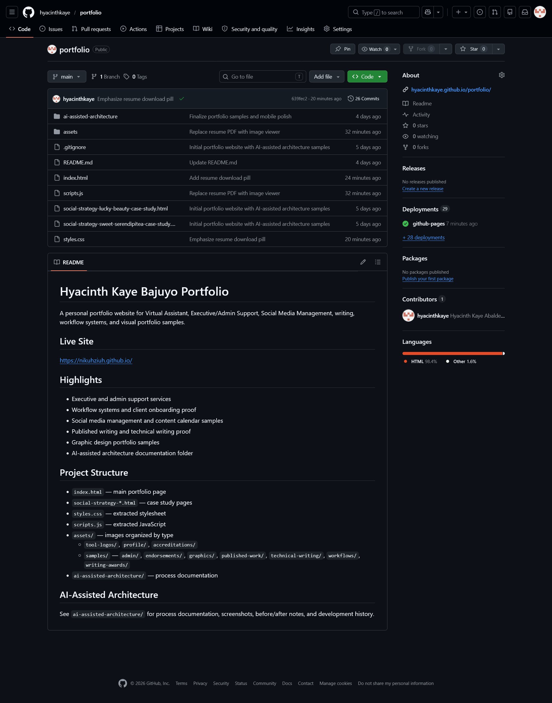 GitHub repository structure for AI-assisted portfolio architecture